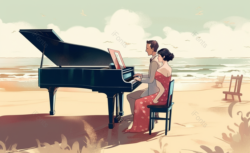 情侣海边弹奏刚清卡通手绘场景,插画/手绘图,插画/手绘图库,插画/手绘图下载,插画/手绘